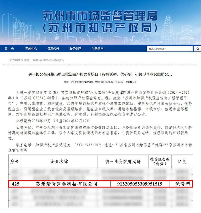 清聽(tīng)聲學(xué)憑借卓越的知識(shí)產(chǎn)權(quán)管理與創(chuàng)新能力，成功入選“優(yōu)勢(shì)型企業(yè)”。